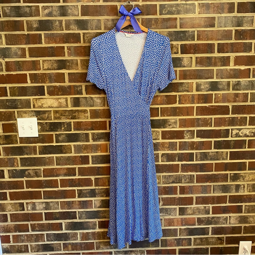 NWOT Boden Blue & White Polka Dot Jersey Wrap Dress